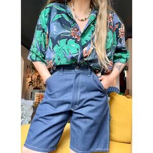 Vintage 90s Blue Green Tropical Short Sleeve Button Up Party Shirt— Size Large